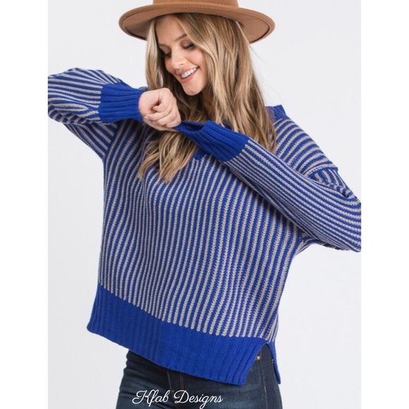 LAST! V Neck Royal Blue Contrast Vertical Stripe Sweater! - Picture 3 of 8
